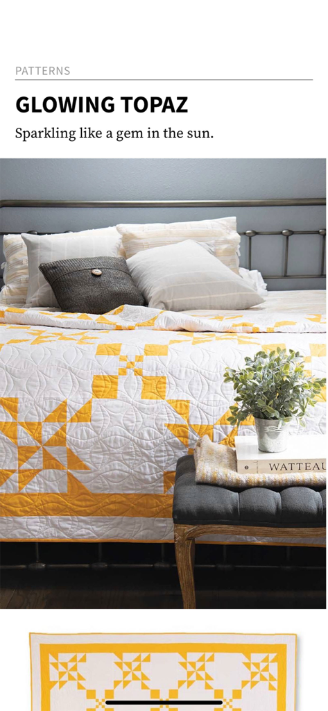 McCall's Quilting Magazine - A yellow and white quilt pattern titled Glowing Topaz displayed on a bed