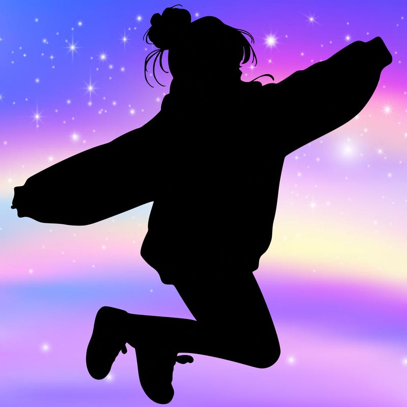 realistic girl jumping with a bun and oversized sweatshirt