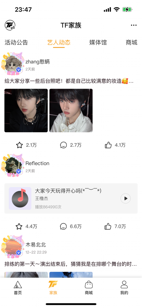 Mobile Ansicht der T-FAMILY-App mit einem Social-Feed mit Künstlerfotos und Fan-Engagement-Statistiken