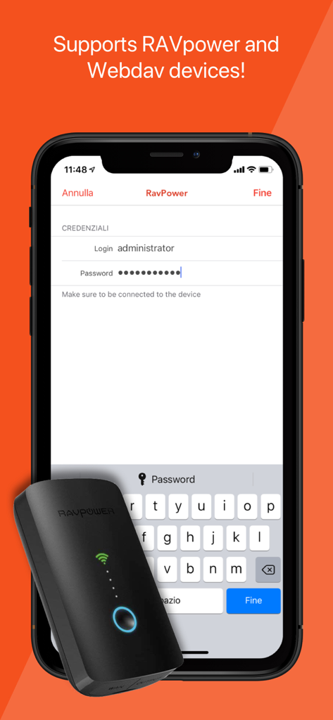 Amerigo - File Manager - Interfaz de la aplicación Amerigo que muestra soporte de conexión para dispositivos RAVpower y WebDAV con una pantalla de inicio de sesión