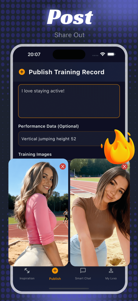 Lvxo - Exercise & Enjoy - Lvxo app interface for publishing a training record with vertical jump performance data and athletic photos