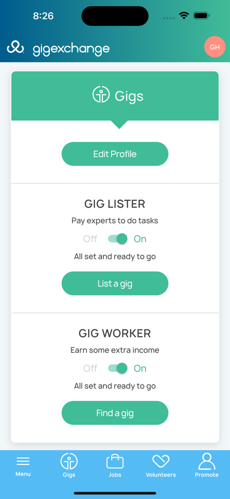 gigexchange - gigexchange app screen showing options for gig listers and gig workers