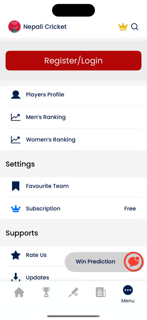 Live Star Sports - Live Star Sportsアプリのインターフェースに、プレイヤープロフィールとランキングを含むクリケットメニューが表示されています