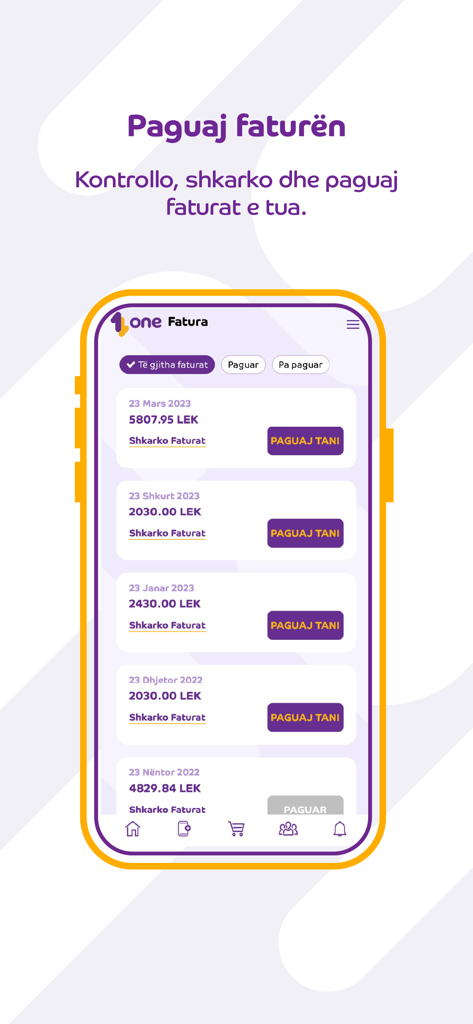 My One (AL) - Interfaz de la aplicación My One que muestra una lista de facturas con opciones para descargar o pagar ahora en LEK