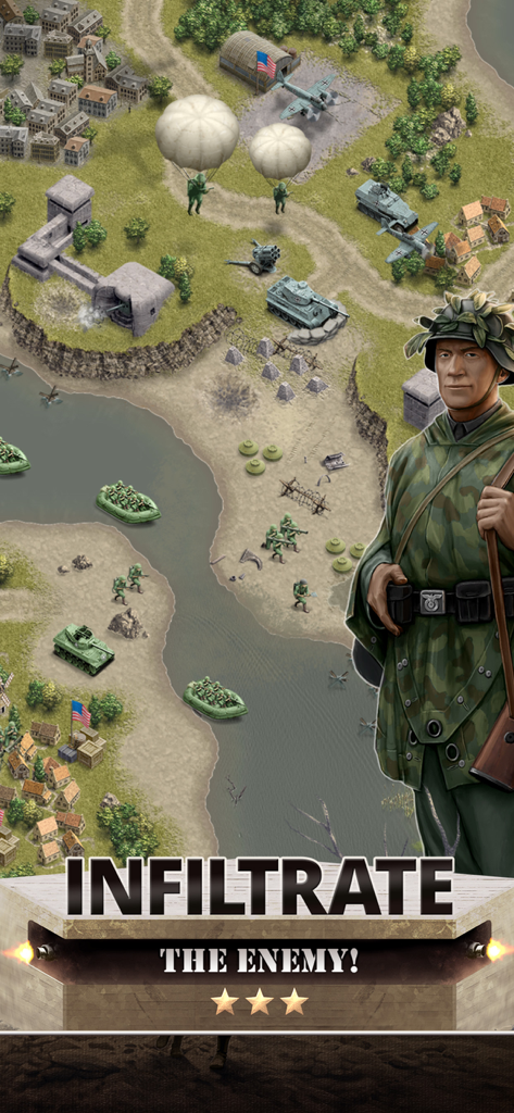 World War II strategy game scene showing paratroopers and tanks on a tactical map with the text Infiltrate the Enemy