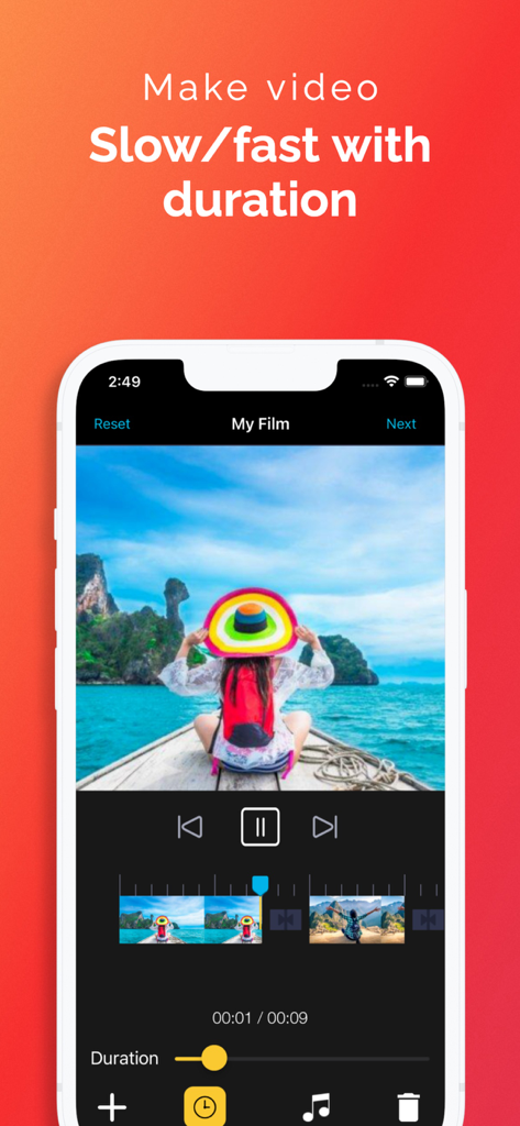 Slideshow with Music Maker App - Interface de l'application de diaporama avec curseur de durée pour un contrôle de vitesse vidéo lent et rapide