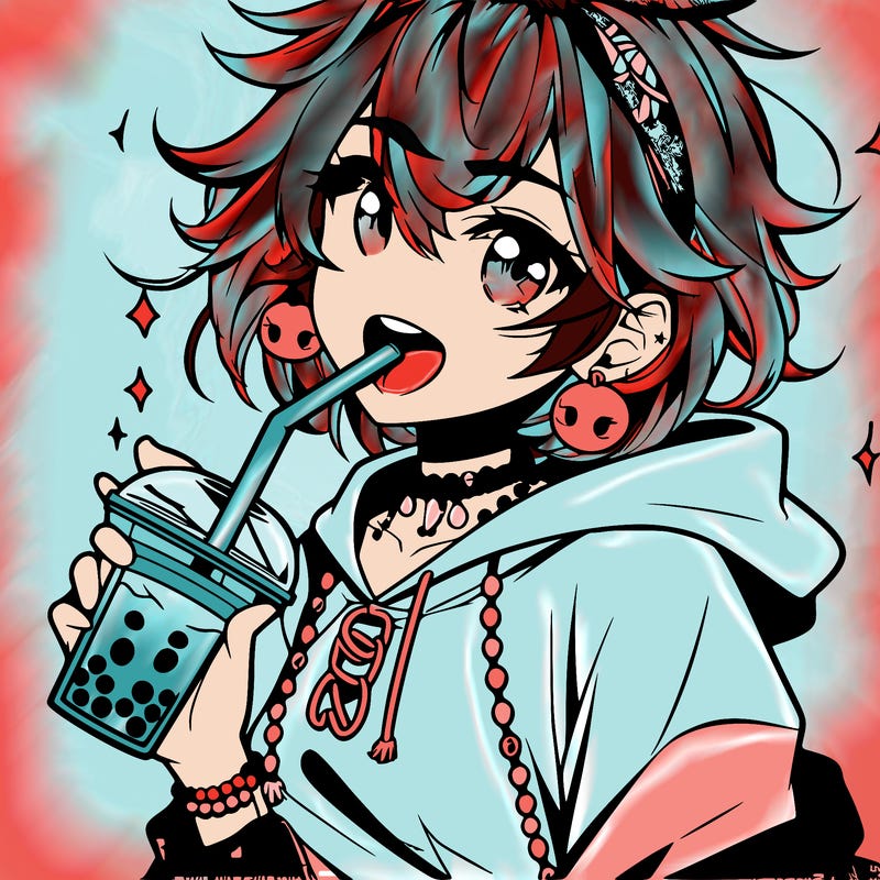 hot baddie anime girl drinking boba and biting the straw