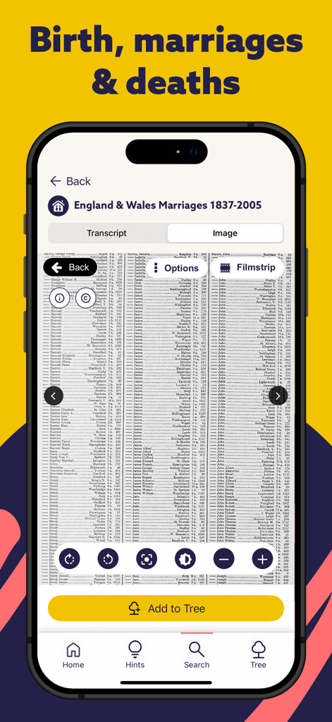 Findmypastアプリでイングランドとウェールズの歴史的な結婚記録を表示するスマートフォンの画面