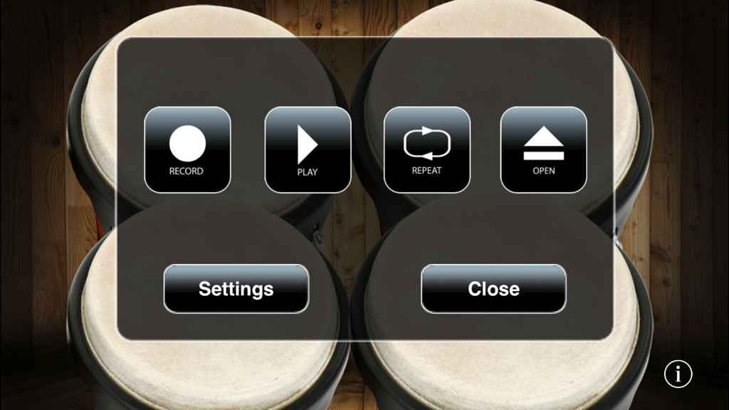 Bongos! - The menu interface of the Bongos app featuring record, play, and settings options over virtual drum pads.