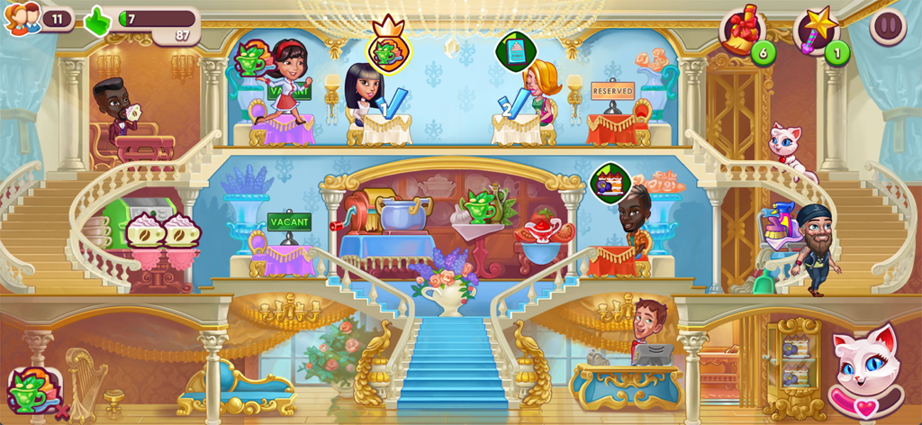 Cafe Dash: Dinner at the Diner - Gameplay view of a luxury restaurant in Cafe Dash with customers at tables and a white cat