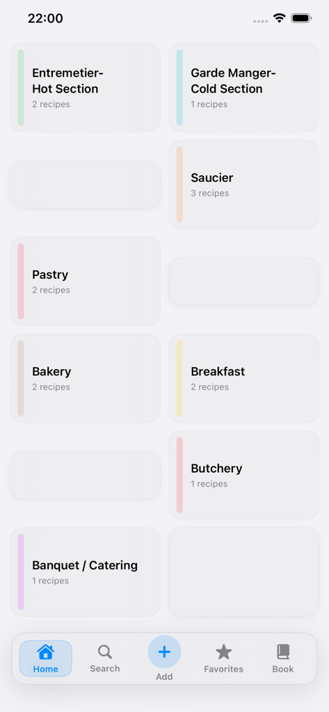 RecipeNotes – For Pro Chefs - Interfaz de la aplicación móvil RecipeNotes mostrando categorías organizadas de recetas culinarias profesionales como Saucier y Garde Manger.