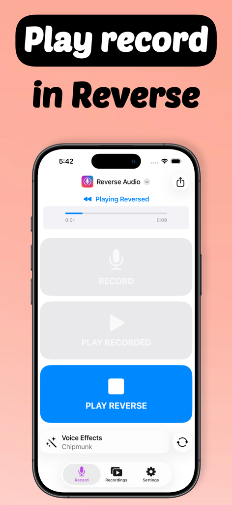 Reverse Audio - Sing & Record - Reverse Audio app screen showing record and play reverse buttons on iPhone