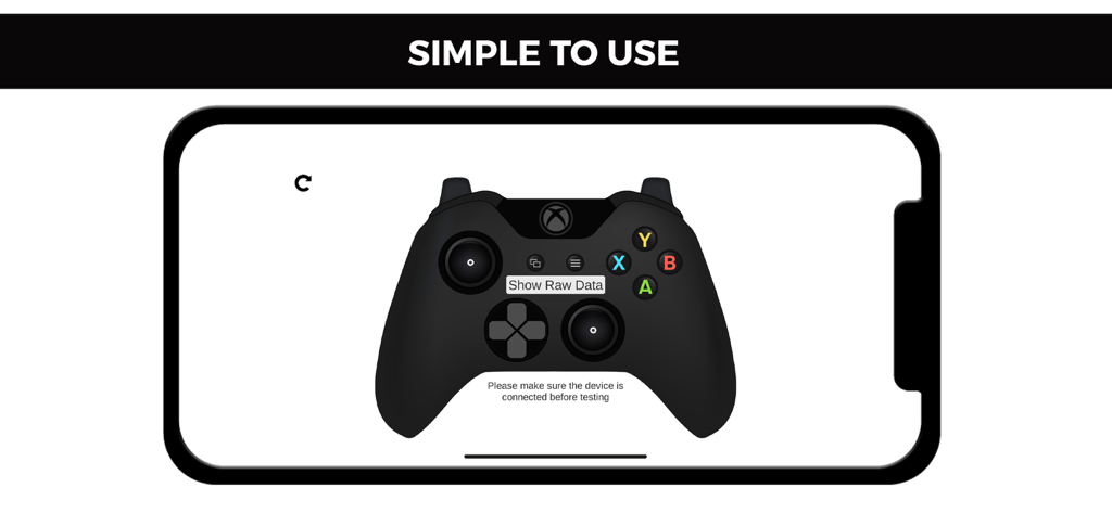 X Gamepad Testerアプリのインターフェース。スマートフォン画面上でボタン診断のためにXboxコントローラーを表示。