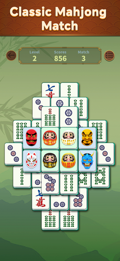 Otium Mahjong: Wafū Tile Match - Jugabilidad clásica de Mahjong con fichas japonesas tradicionales Wafu con muñecas Daruma y máscaras sobre un sereno fondo verde