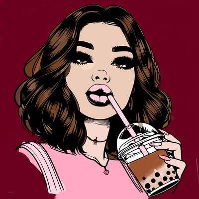 realistic girl with glossy lips holding boba