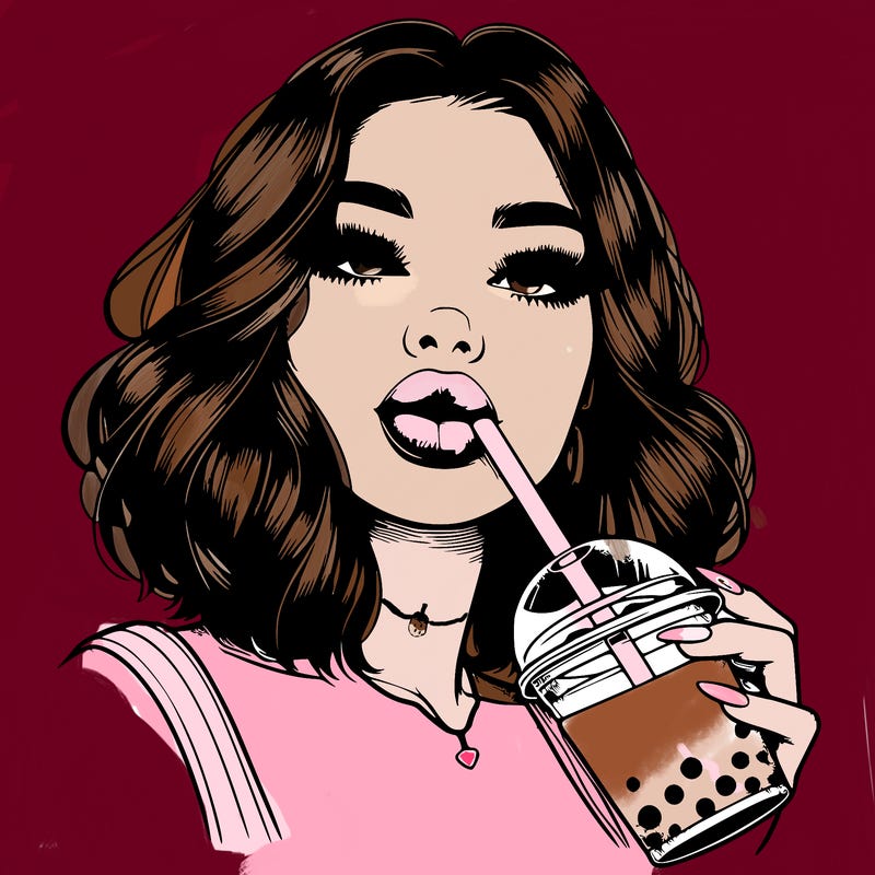 realistic girl with glossy lips holding boba