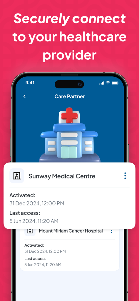 CareAide Manage Meds & Health - Interface showing a secure connection to healthcare providers and medical centers within the CareAide app.