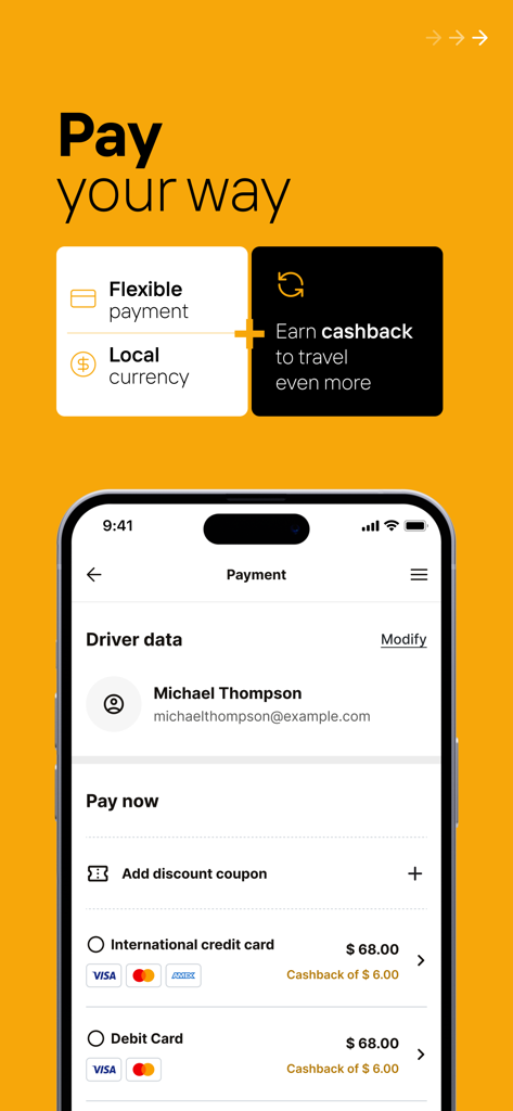 Rentcars: Car rental - Interfaz de la app Rentcars mostrando métodos de pago y recompensas de cashback durante el pago