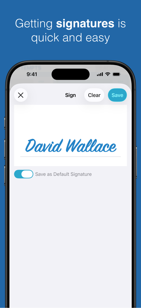 David Wallace라는 이름이 표시된 디지털 서명 캡처 화면을 보여주는 CxAlloy TQ 모바일 앱 인터페이스