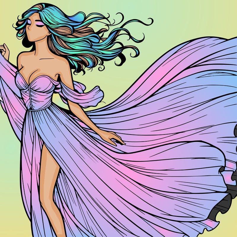 realistic woman in dress flowing the the wind