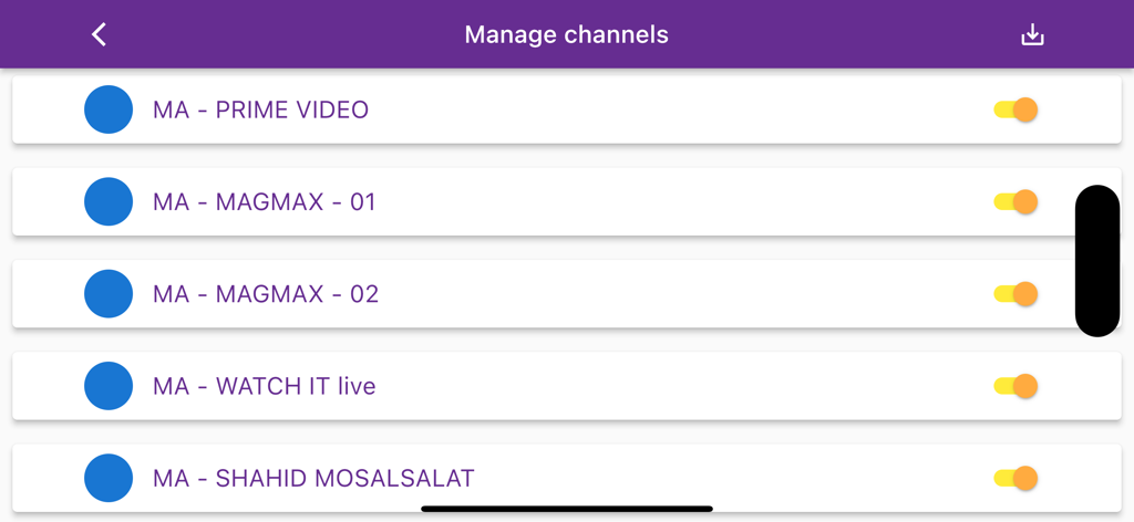 Playlist editor & IPTV Player - SageIPTV manage channels screen with toggle switches to enable or disable IPTV streams