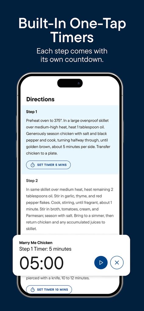 Delish: Original Fun Recipes - Screenshot der Benutzeroberfläche der Delish-App, der die integrierten Ein-Tipp-Timer für Rezeptionsschritte hervorhebt.