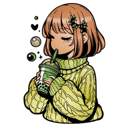 manga girl drinking boba in cozy sweater