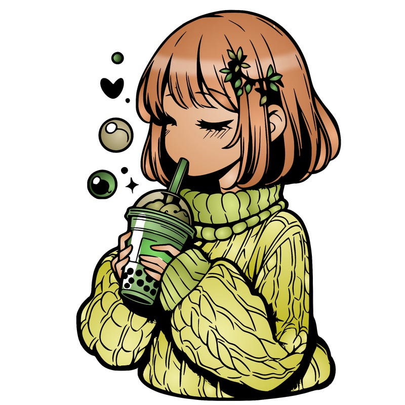 manga girl drinking boba in cozy sweater