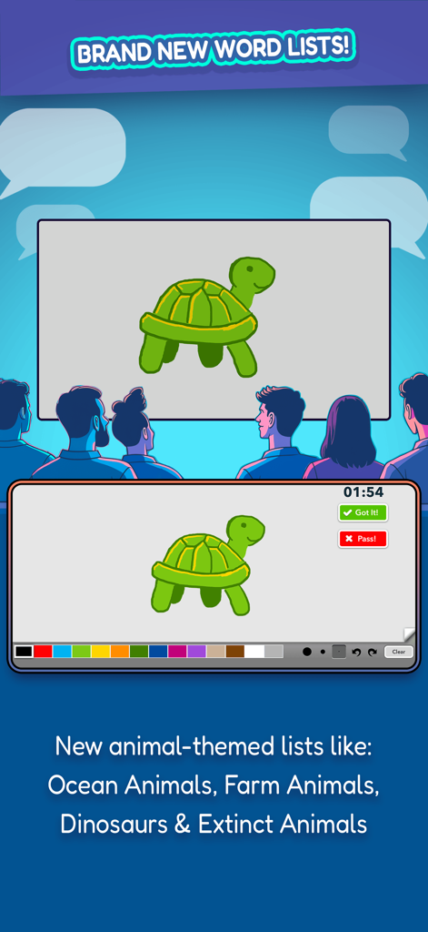 SketchParty TV - A group of people playing SketchParty TV on a large television screen mirroring a drawing of a green turtle from an iPad