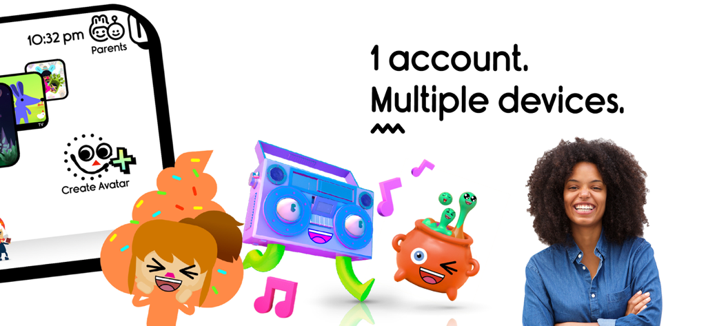 Boop Kids - Smart Parenting - Boop Kids app interface showing multi device support with a smiling mother and cartoon characters