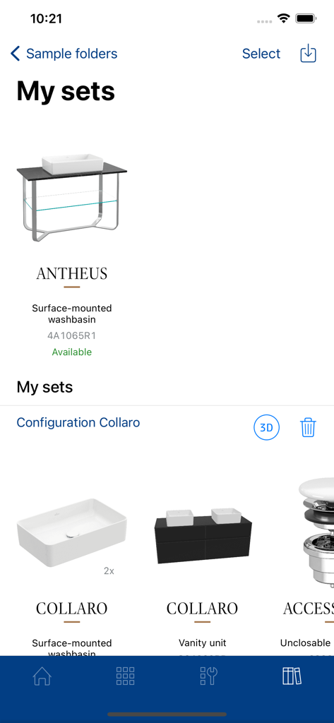 Une capture d'écran de l'application Villeroy & Boch affichant les configurations de produits de salle de bain enregistrées dans le dossier Mes ensembles