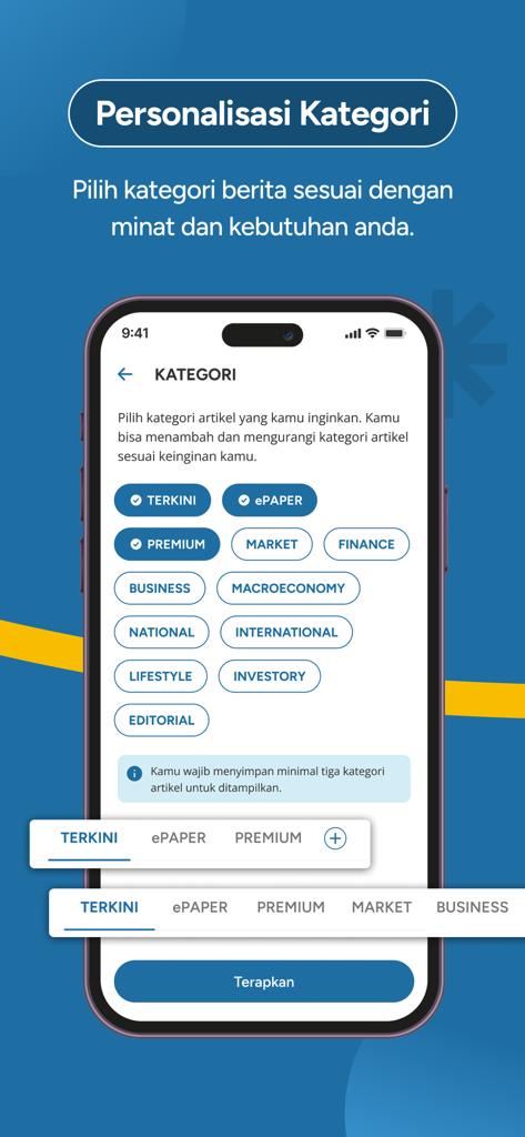 Una interfaz móvil para seleccionar categorías de noticias en la aplicación Investor Daily, incluyendo Finanzas de Mercado y Negocios.