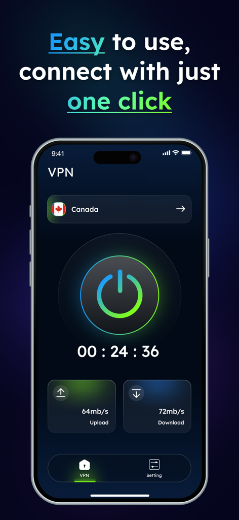 VPN - Shield VPN Proxy - Shield VPN app interface showing a one click connection button and speed metrics