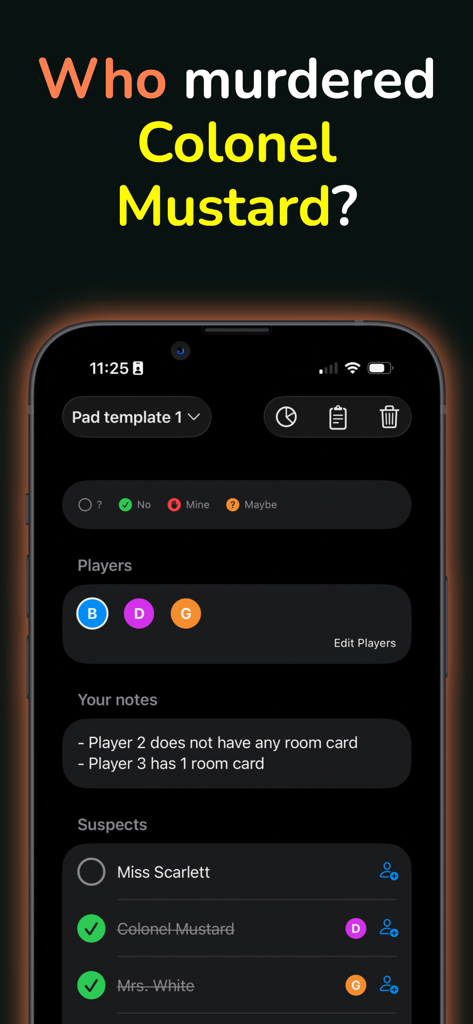 Clue Notepad - Detective Game - Interfaz de bloc de notas digital para rastrear sospechosos y notas en un juego de mesa de detectives