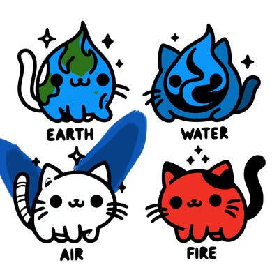 4 cats that represent the different elements, earth, water, air, and fire