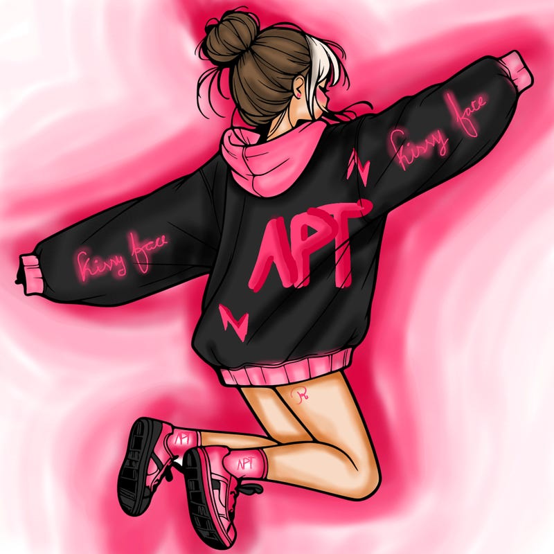 realistic girl jumping with a bun and oversized sweatshirt