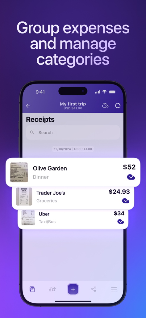 Capture d'écran d'un smartphone affichant les dépenses regroupées et les catégories professionnelles dans l'application Smart Receipts