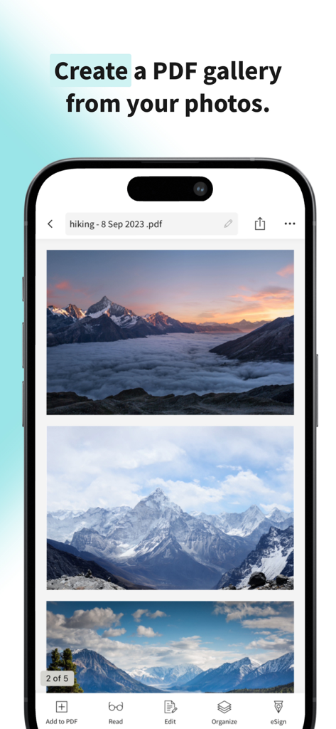 Smallpdf app showing a PDF document created from a photo gallery of mountains