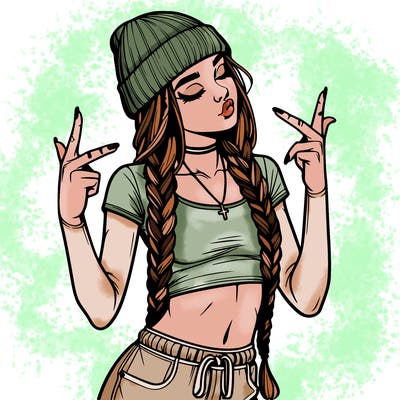 realistic teenage girl with braids and a beanie and crop top doing 🫶🏼