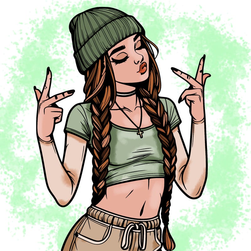 realistic teenage girl with braids and a beanie and crop top doing 🫶🏼