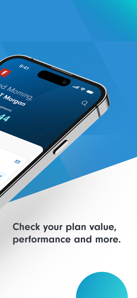 Smartphone displaying Fidelity PlanViewer app with text about checking plan value and performance