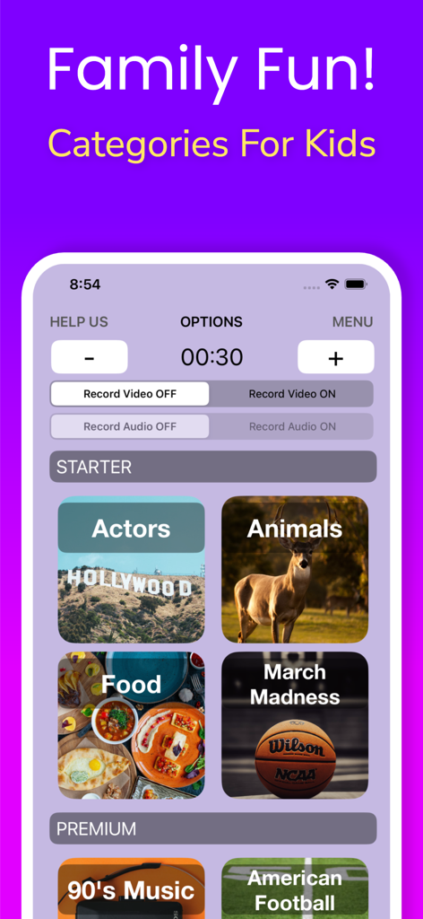 Heads Up For Kids & Family - Heads Up For Kids app interface showing game categories like animals and food