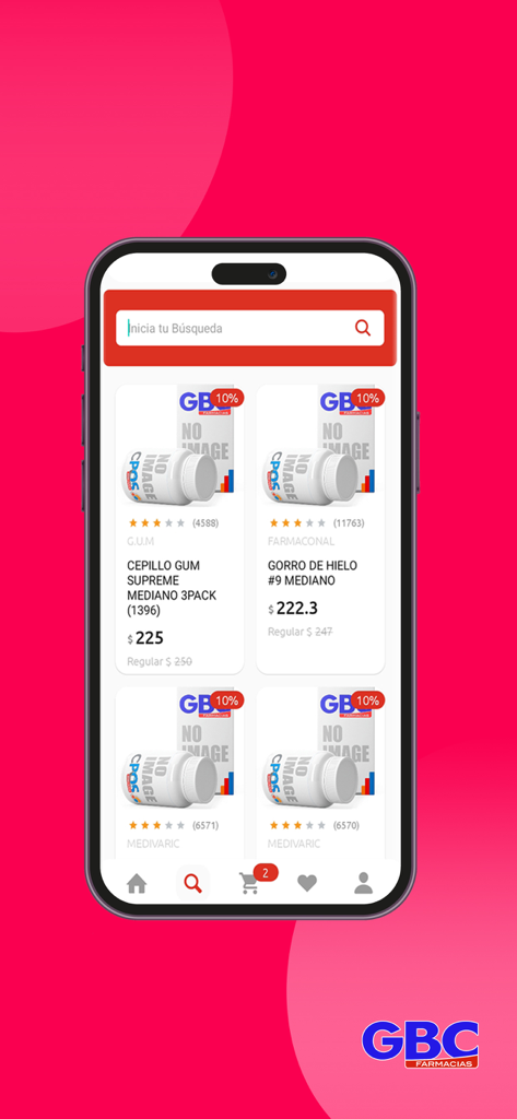 Medicar GBC pharmacy app interface showing product search and catalog listings
