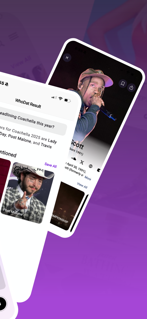 Smartphone screens displaying the WhoDat app interface with celebrity profiles and search results for Coachella artists.