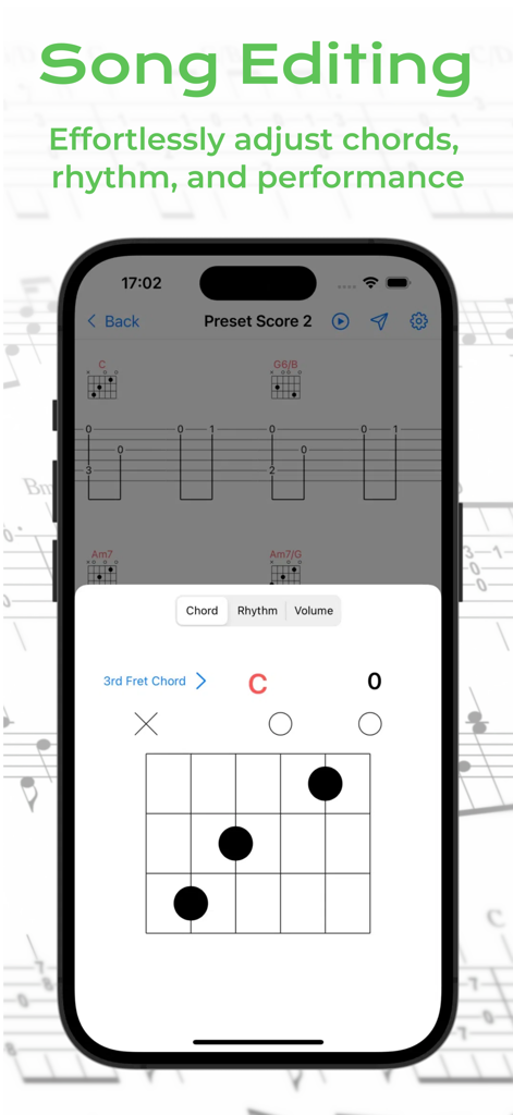 Pantalla de la aplicación Guitar Creator Pro mostrando la edición de canciones y las funciones de ajuste de acordes