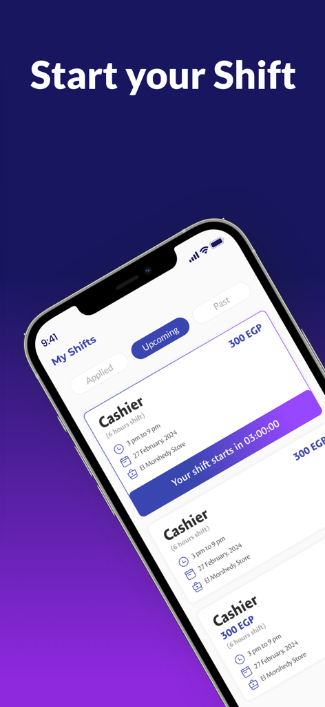 Flexijob - Flexible Shifts - App móvil Flexijob que muestra los próximos turnos para un rol de cajero y las ganancias.