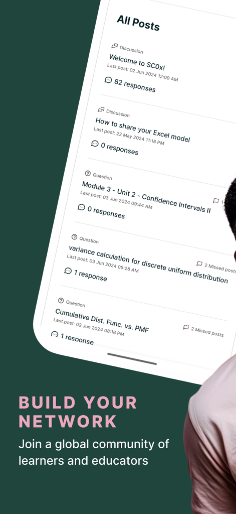 edX online learning - Capture d'écran de l'application edX montrant les messages de discussion du cours et un appel à l'action pour développer votre réseau avec une communauté mondiale d'apprenants.