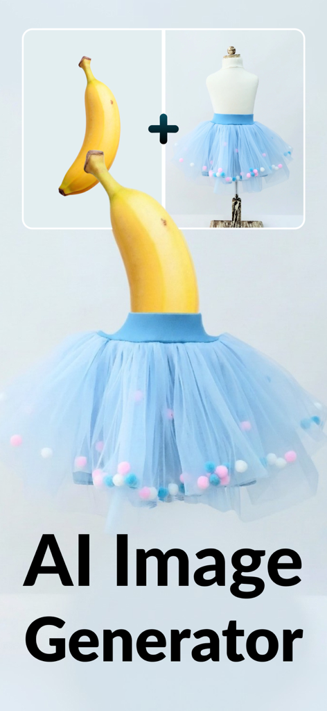AI Image Editor via Chat - AI generated image of a banana wearing a blue tutu skirt showing creative photo editing results