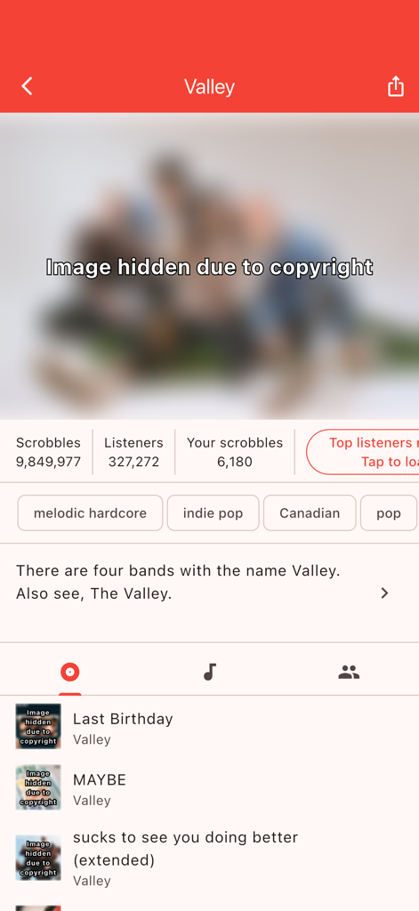 Finale for Last.fm - A screenshot of the Finale for Last.fm app displaying detailed listening statistics and top tracks for the artist Valley.