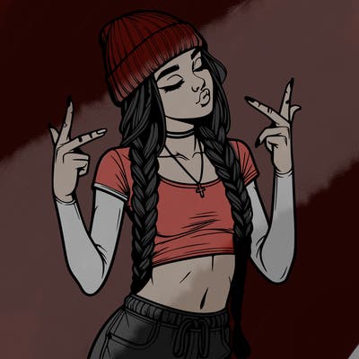 realistic teenage girl with braids and a beanie and crop top doing 🫶🏼